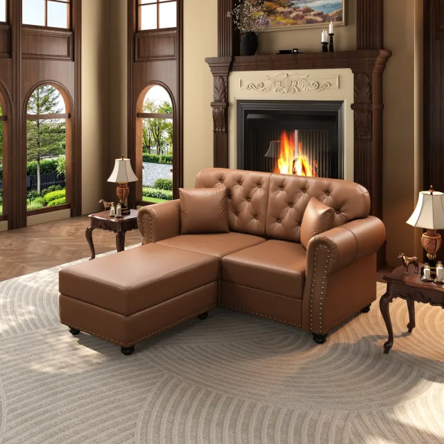 VVBV Chesterfield 2-Zitsbank 160 cm met Hocker - Kunstleer - Pocketvering Zitting - Klassieke Knopen & Nagelrand - Bruin