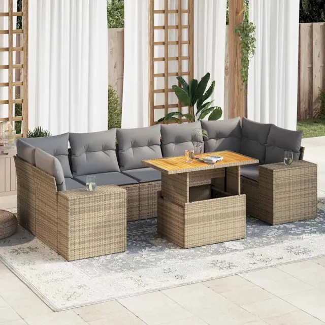 vidaXL 8-delige Loungeset met kussens poly rattan beige, foto 2
