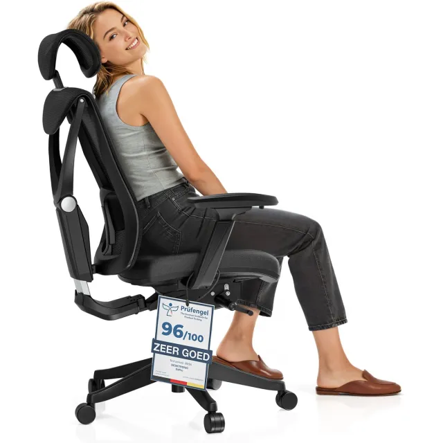 Desktronic SitPro Ergonomische Bureaustoel - Bureaustoelen voor volwassenen - Bureau stoel voor kantoor, gaming - 5D lendensteunsysteem - Armleuningen 4D - Rugleuning 90° tot 135° - heeft BIFMA en .IGR ergonomiecertificering - Zwart