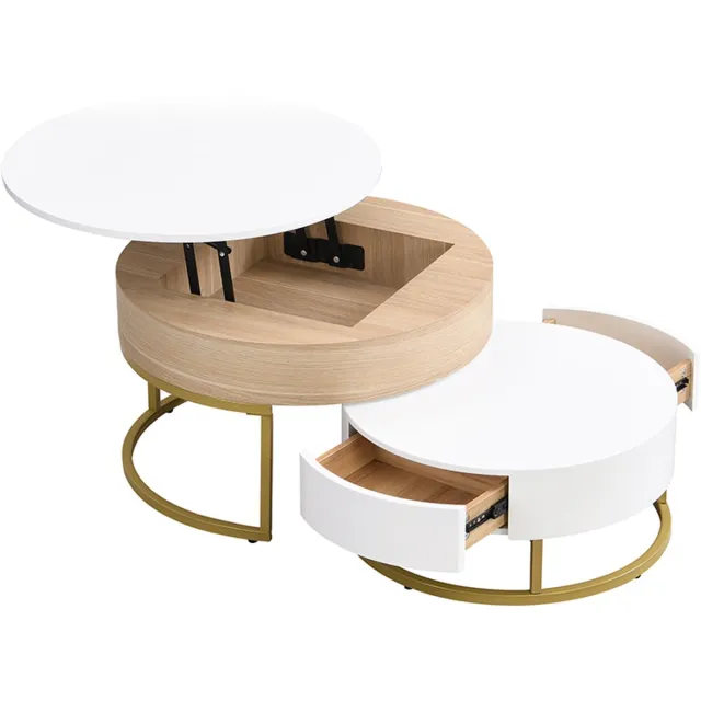 Clruro Gouden Salontafel Set - Opklapbare Couchtischcombinatie - Bijzettafel met Twee Laden - 2-delige Set - MDF - Goud