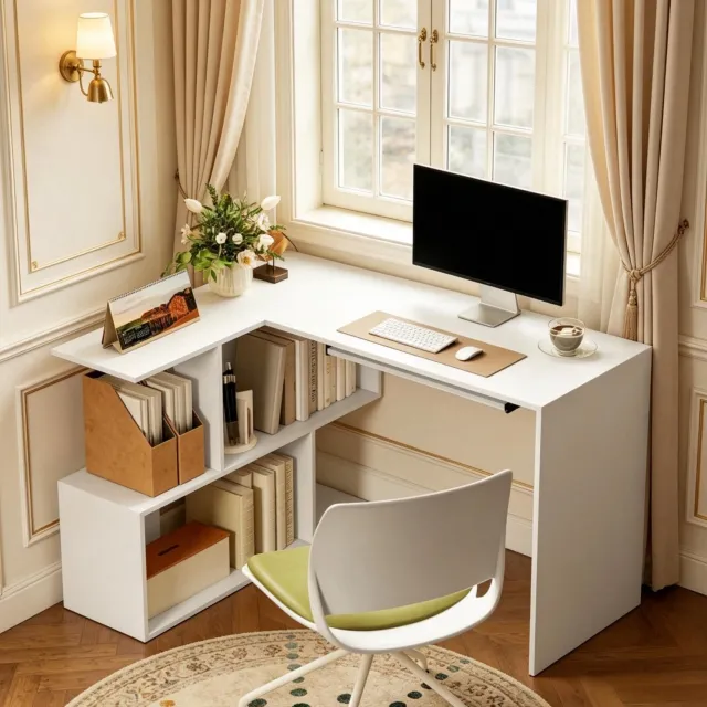 CHICFURN Hoekbureau - L-vormig - toetsenbordlade - opbergrek - wit
