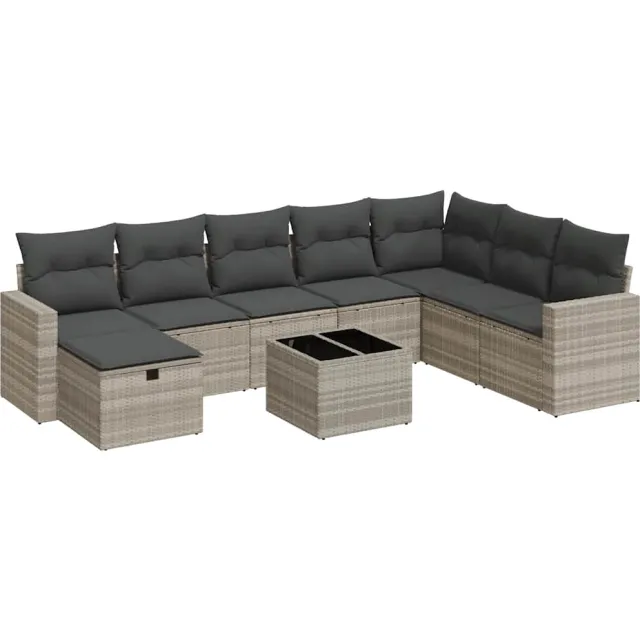 vidaXL 9-delige Loungeset met kussens poly rattan lichtgrijs grijs, foto 2