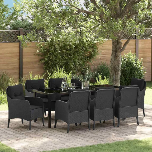 vidaXL Tuin eettafelset 9 st Zwart poly rattan