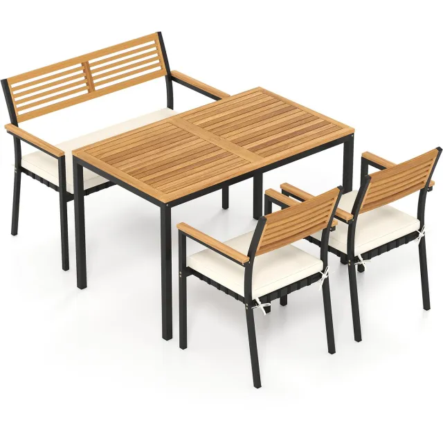 Costway Tuinmeubelset, terrasmeubelen incl. tuintafel met parasolgat, tuinbank & 2 stapelbare tuinstoelen met kussens, zitgroep voor 4 personen, tuinset, zitmeubilair, buiten eetset. Naturel + Wit
