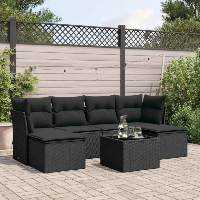 vidaXL 7-delige Loungeset met kussens poly rattan zwart, foto 2