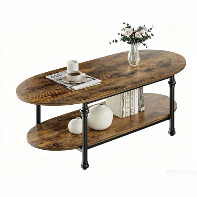 Triumpunpre Ovale houten salontafel met 2 niveaus - Open plank - Industriële stijl metalen frame - Retro bruine houtafwerking - Vintage woonkamermeubel - Retro kleur Rustiek walnoot