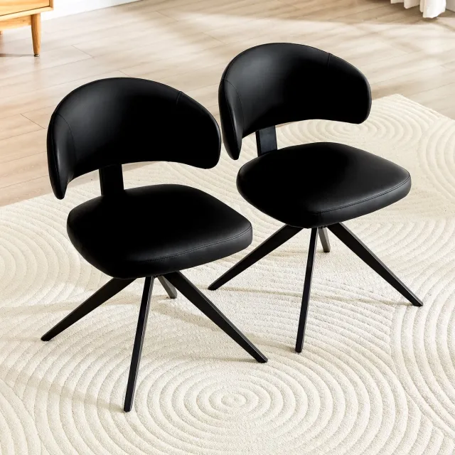 Clruro Eetkamerstoelen - 77 cm - 2 Stuks, 360° Draaibaar - Gebogen Rug - PU-Leer en Metaal Zwart