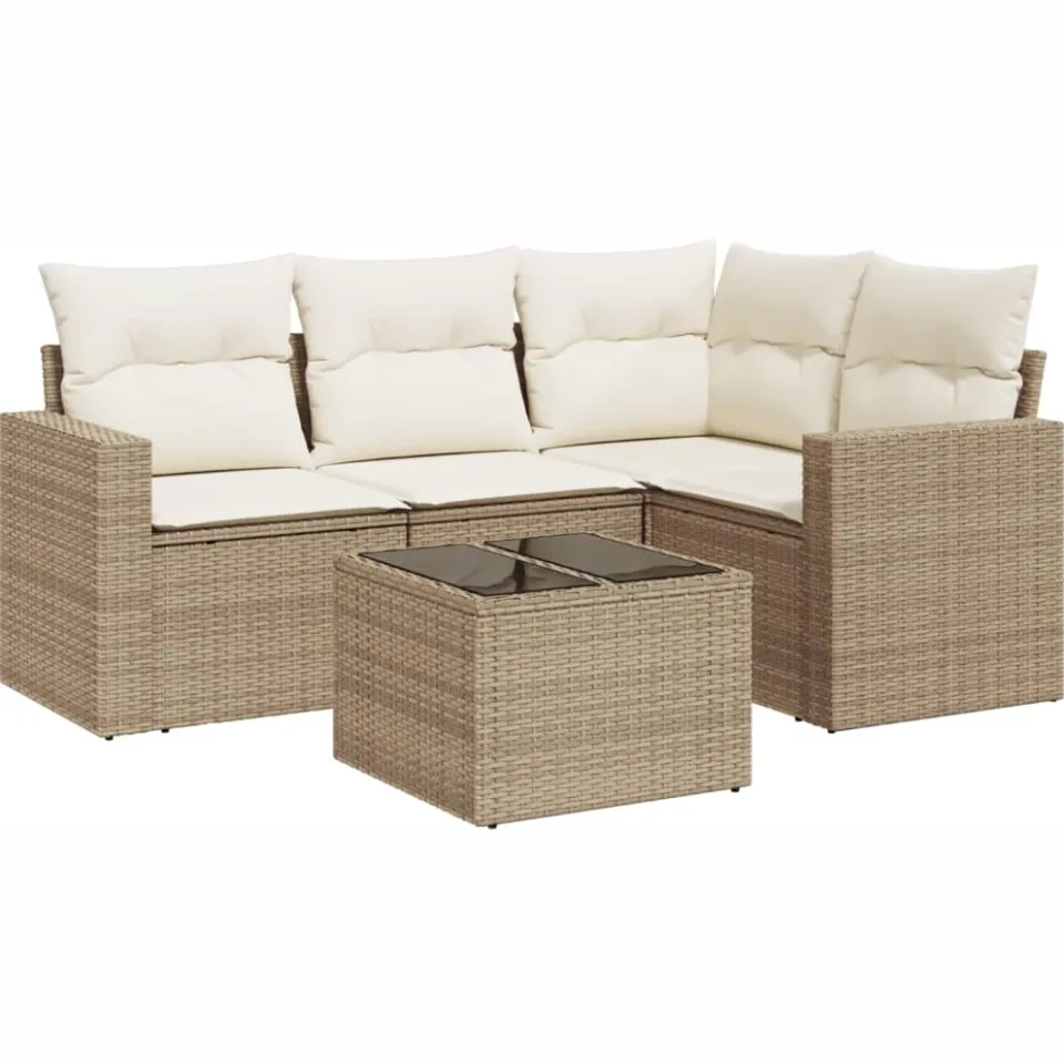 vidaXL 5-delige Loungeset met kussens poly rattan beige