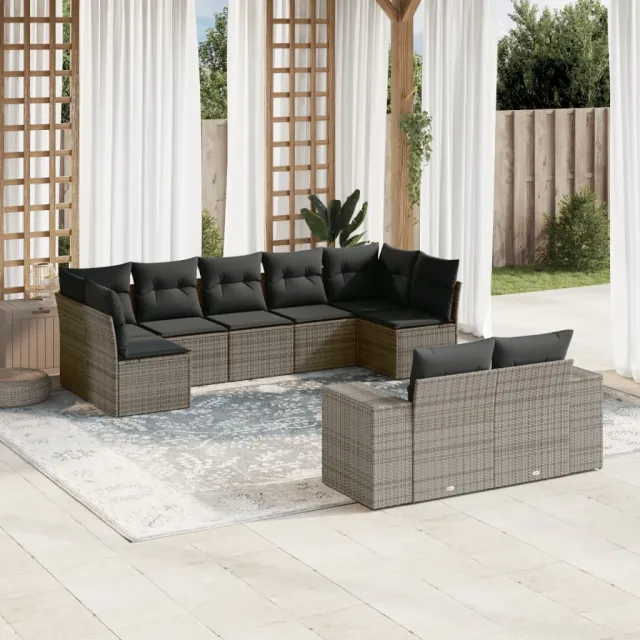 vidaXL 9-delige Loungeset met kussens poly rattan grijs, foto 2