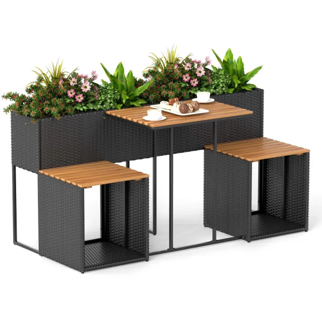 Costway Tuinset met verhoogd plantenbed (Zwart) | Kruidenbak met geïntegreerde stoelen, balkonset, balkonmeubelen, zitmeubilair, zitset voor tuin, balkon, terras