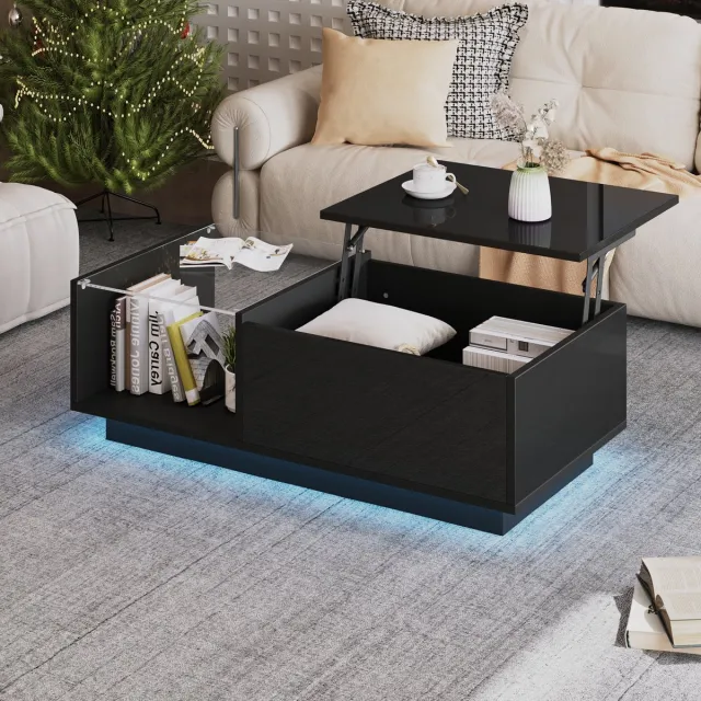 HAUSS SPOLE Salontafel - Verstelbare Hoogte Met RGB-LED - Met Verbergvak En Lade - Voor Eten En Werken - Spaanplaat - 100x50x33-46.5 cm - Zwart