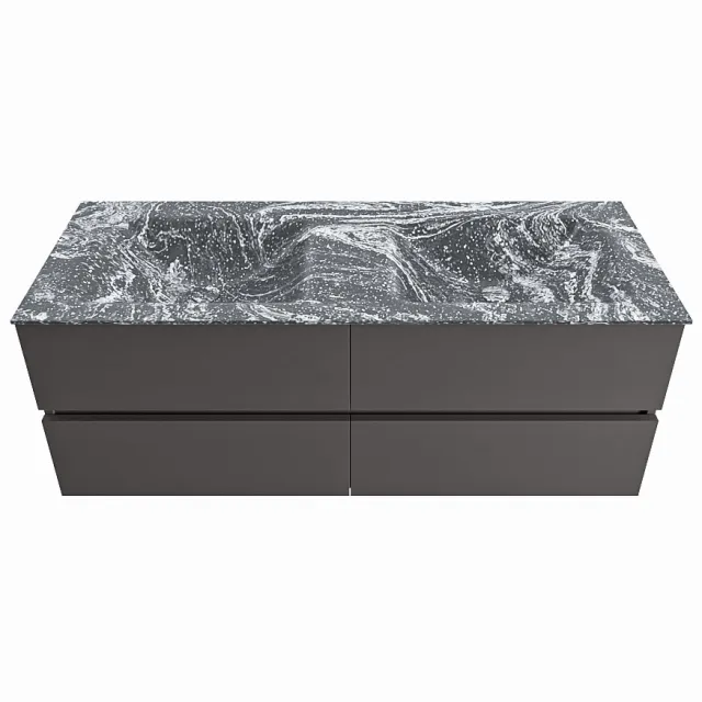 Mondiaz VICA-DLUX 130cm badmeubel onderkast Dark grey 4 lades. Inbouw wastafel CLOUD dubbel 2 kraangaten, kleur Lava.