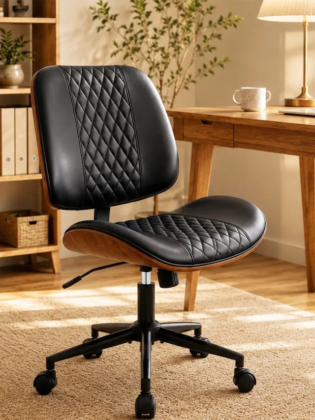 Durrafy Ergonomische Bureaustoel - Bureaustoel zonder Armleuningen - Bureaustoelen voor Volwassenen - Verrijdbaar & In Hoogte Verstelbaar - 360° Draaibaar - 90°-130° Kantelbare Rugleuning - PU-Kunstleer - Decoratieve Warmbruine Afwerking - Zwart OT05