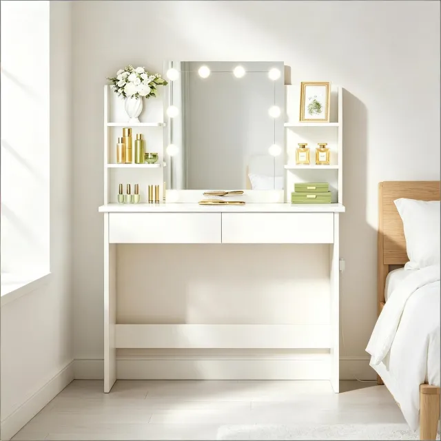 CHICFURN Kaptafel - 1 persoon - LED-spiegel - 2 lades - wit