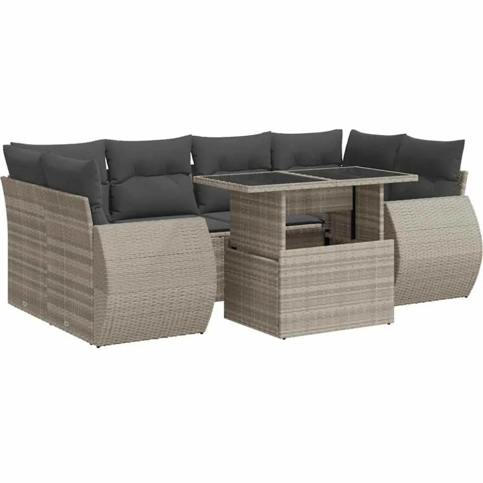 vidaXL 7-delige Loungeset met kussens poly rattan lichtgrijs grijs, foto 3