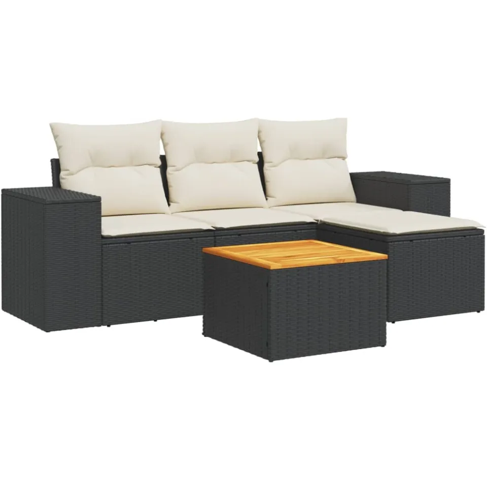 vidaXL 5-delige Loungeset met kussens poly rattan zwart