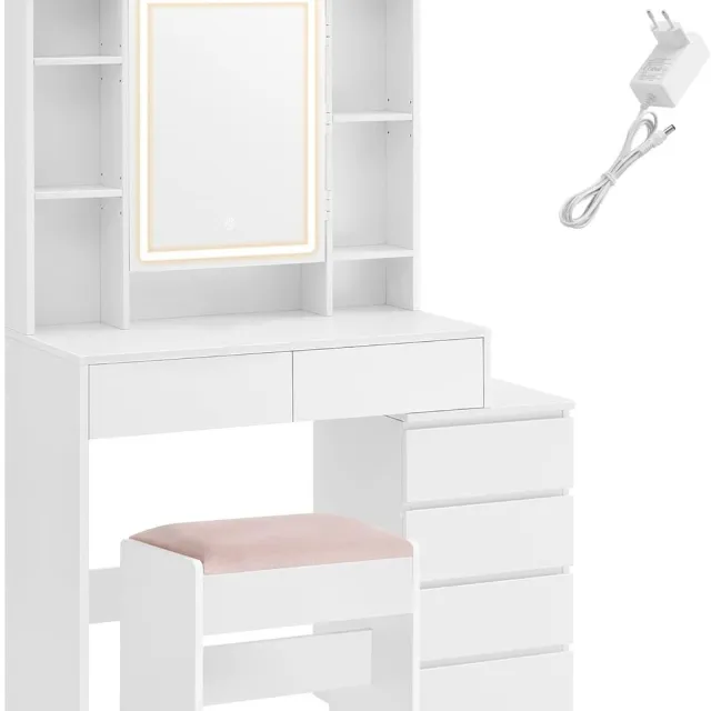 Vasagle Kaptafel met LED Spiegel & Krukje – Make-up Tafel met Lades en Open Planken - Wit - 40x97.5x145cm