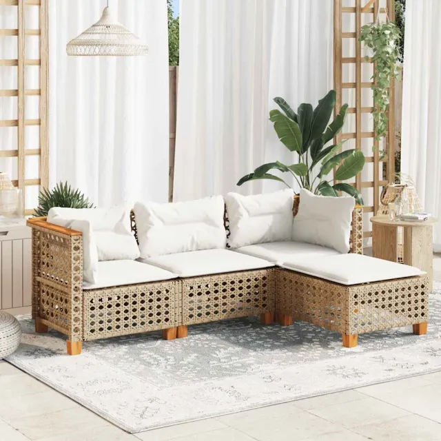 vidaXL 4-delige Loungeset met kussens poly rattan beige, foto 2