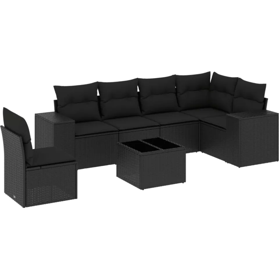 vidaXL 7-delige Loungeset met kussens poly rattan zwart