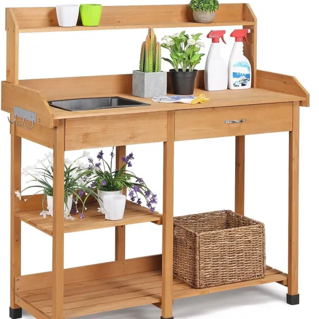 RFWR Houten Plantentafel met Wastafel en Verstelbare Planken voor Tuin en Terras Houtkleur