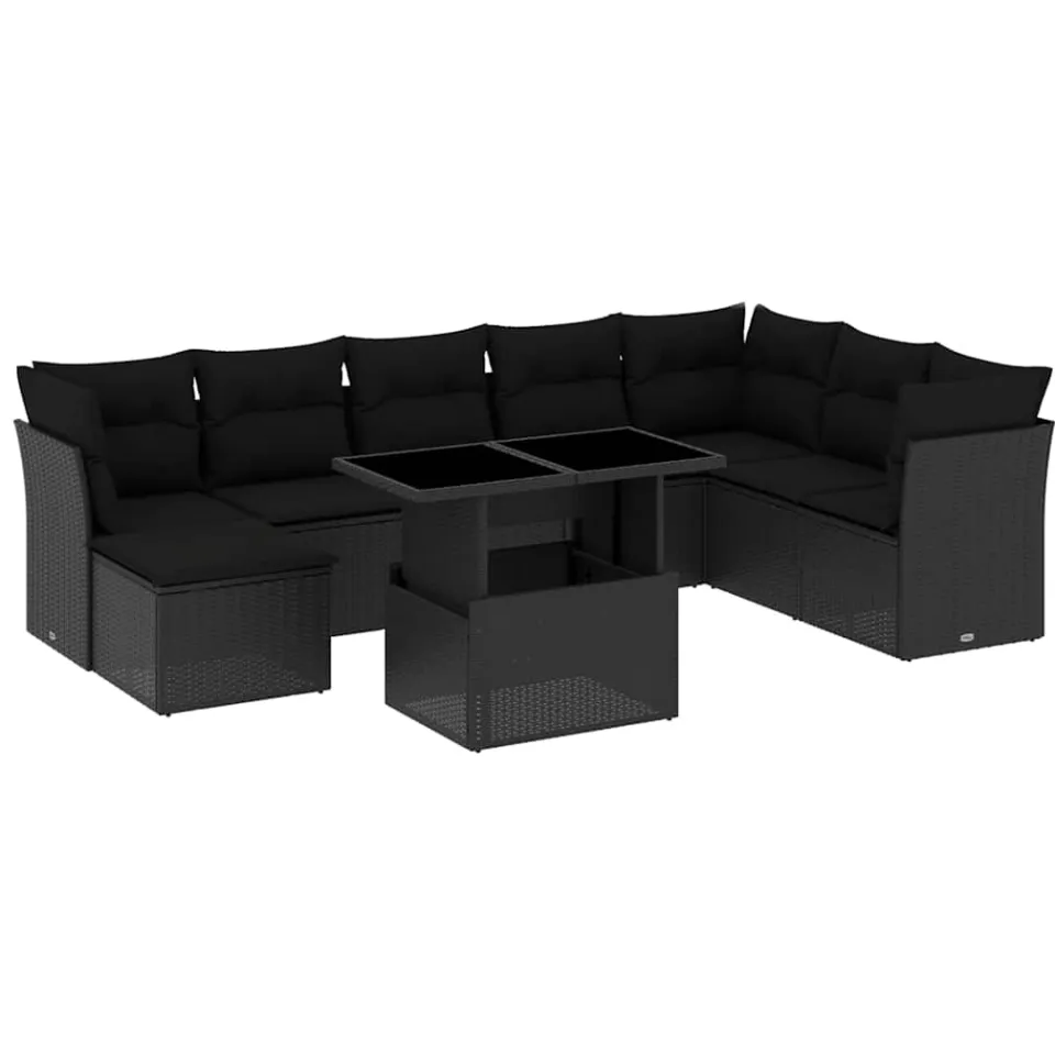 vidaXL 9-delige Loungeset met kussens poly rattan zwart