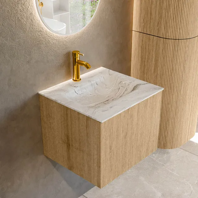 Mondiaz KURVE-DLUX 50 cm Onderkast Greeploos 1 Lade Zonder Deuren Oak, Wastafel Solid Surface Midden Glace 1 Kraangat Zonder Spiegel (KRVGRU501L0D1KM-Oak/Gla)