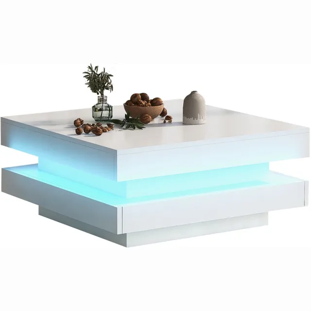 Ropilly Vierkante Salontafel - Moderne Salontafel - Bluetooth LED Verlichting - App Bediening - Hoogglans - Woonkamer - 70x70x36 cm - Wit