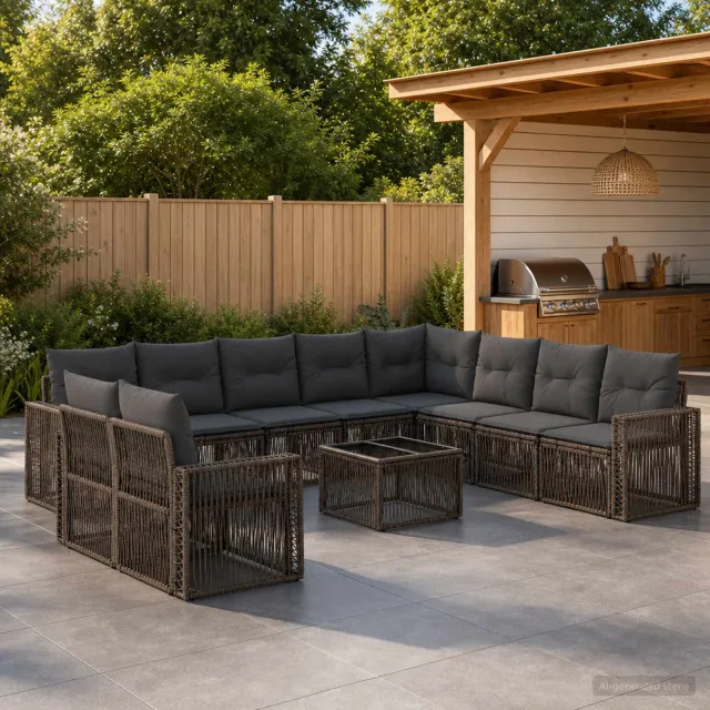 vidaXL Tuinbankenset 11 st 10-zits Grijs en Donkergrijs poly rattan, foto 2