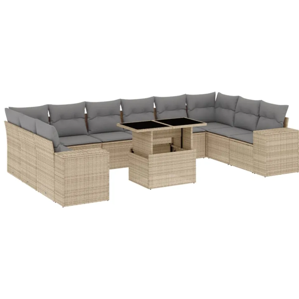 vidaXL 11-delige Tuinset met kussens poly rattan beige, foto 3