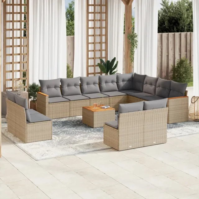 vidaXL 13-delige Loungeset met kussens poly rattan beige, foto 2