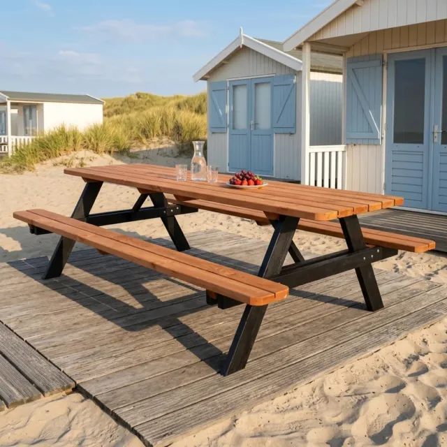 GoedkopePicknicktafels.nl 240cm Lange Picknicktafel | Tuintafel 8 persoons | De Luxe 240cm Lang | Teak Zwart Gebeitst Zwart Bruin