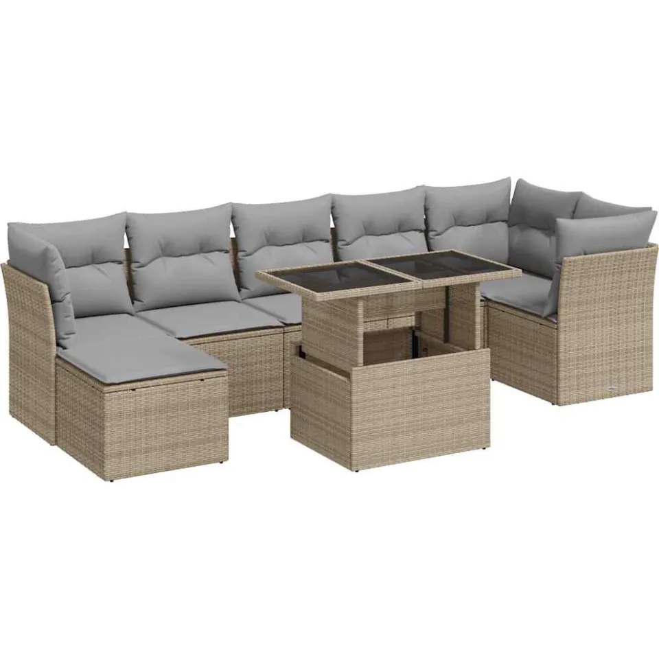 vidaXL 8-delige Loungeset met kussens poly rattan beige, foto 3