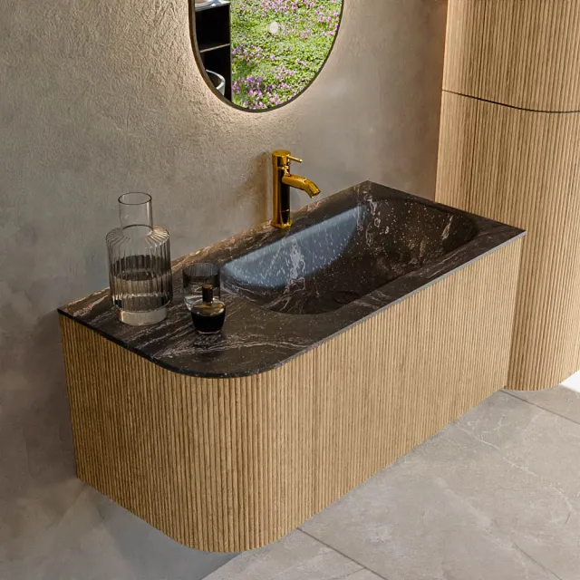 Mondiaz KURVE-DLUX 95 cm Onderkast Greeploos 1 Lade Met Deuren Oak, Wastafel Solid Surface Rechts Lava 1 Kraangat Zonder Spiegel (KRVBGS95L1L1D1KR-Oak/Lav)