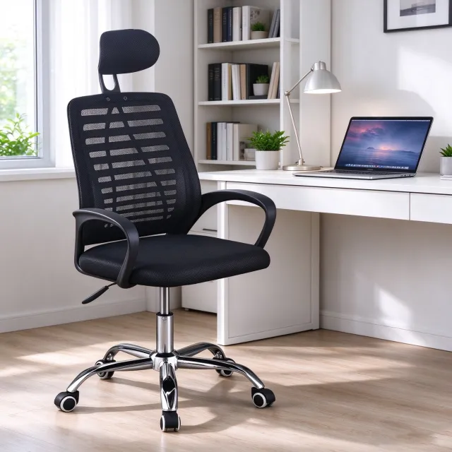 learnlogic Ergonomische bureaustoel zwart met hoofdsteun en zwenkwielen in hoogte verstelbaar geschikt voor langdurig zitten ter voorkoming van rugklachten Afmetingen 47 x 47 x 116 cm