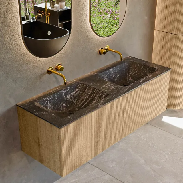 Mondiaz KURVE-DLUX 130 cm Onderkast Greeploos 2 Lades Zonder Deuren Oak, Wastafel Solid Surface Dubbel Lava 0 Kraangaten Zonder Spiegel (KRVLEA1302L0D0KD-Oak/Lav)