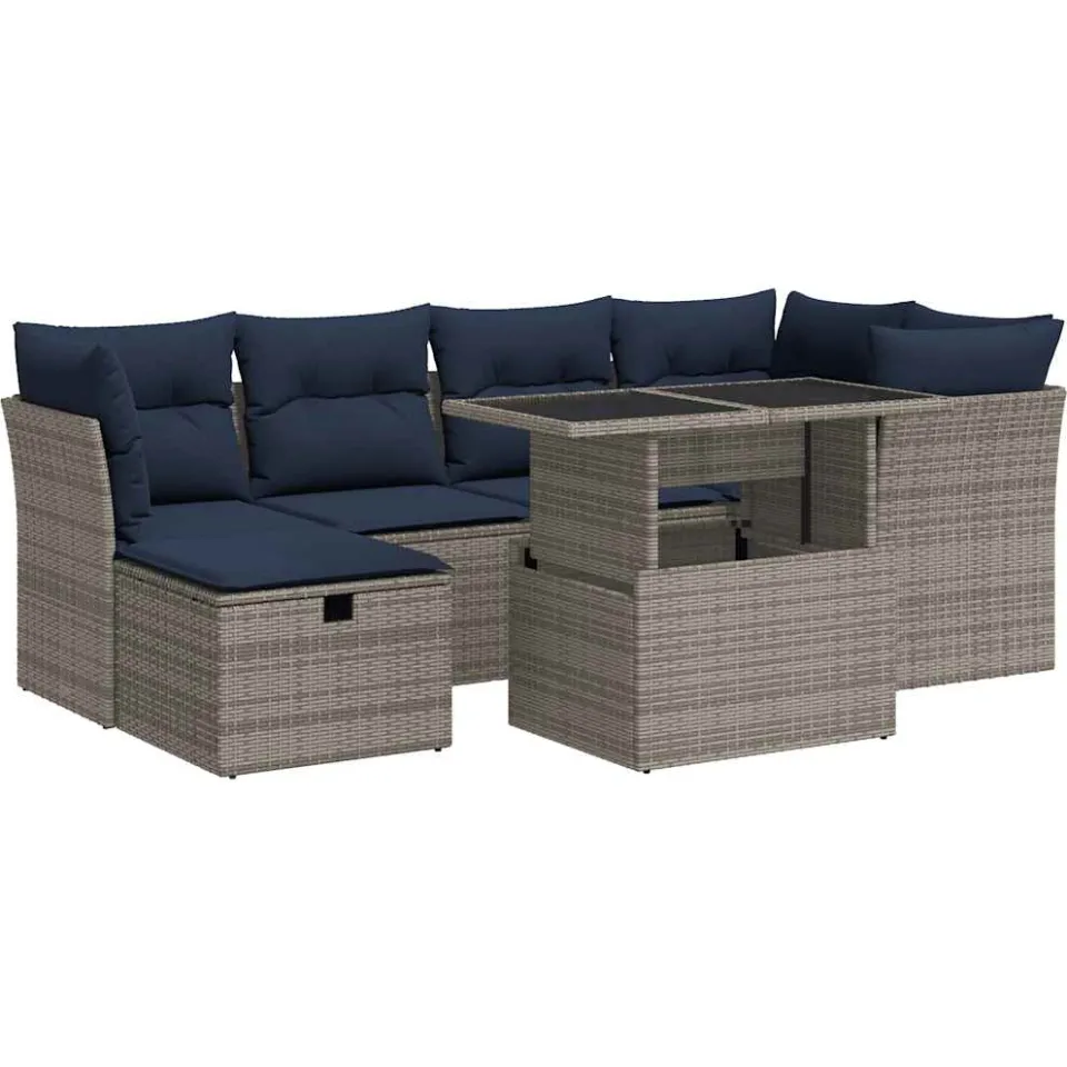 vidaXL 7-delige Loungeset met kussens poly rattan acacia grijs, foto 3