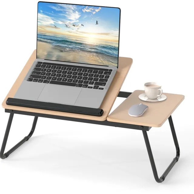 Costway Laptoptafel, inklapbaar, 4-voudig in hoogte verstelbaar, bedtafel, notebooktafel, opvouwbaar, beddienblad, laptoptafel, werktafel van MDF, metaal, tafel voor bed, sofa, vloer, 55 x 32 x 23 cm Natuur+Zwart