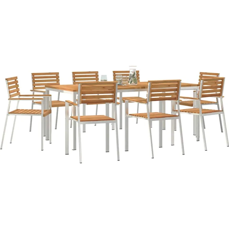 vidaXL Tuin eettafelset 9 st Massief Teakhout en RVS Bruin