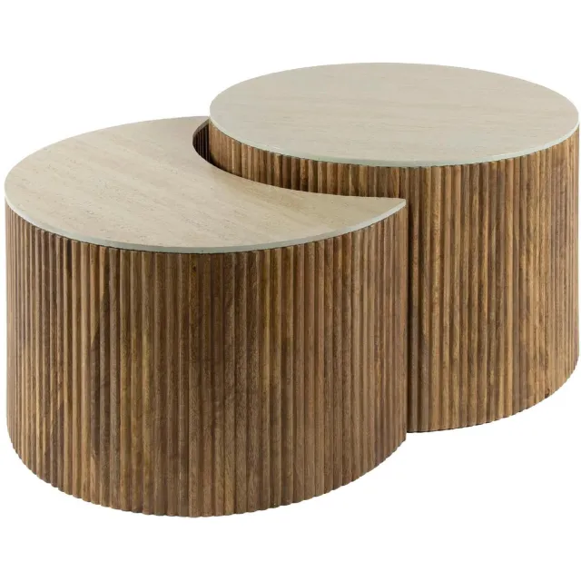 Nest of Nora Salontafel set Sora - Set van 2 - Rond en maanvorm - Massief mangohout - Travertin Lichtbruin