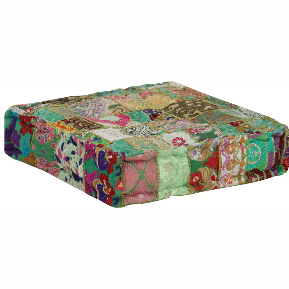 vidaXL Poef patchwork vierkant handgemaakt 50x50x12 cm katoen groen, foto 2