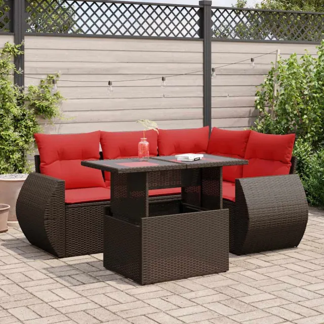 vidaXL 5-delige Loungeset met kussens poly rattan acacia bruin