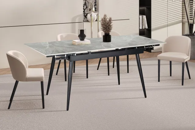 Rousseau Hero Uitschuifbare Eettafel – 120-180 x 80 cm – Glanzend Grijs Stenen Blad met Marmerlook – Zwarte Metalen Poten