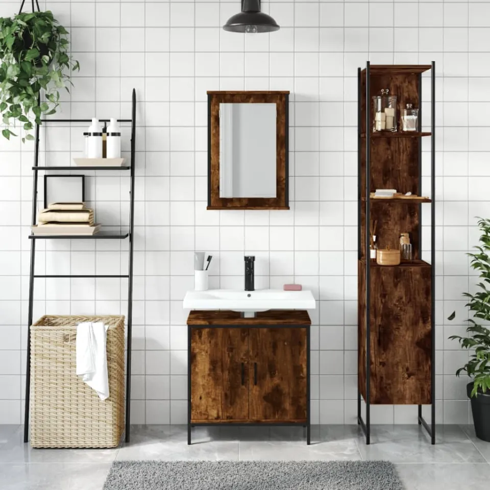 vidaXL 3-delige Badkamermeubelset bewerkt hout gerookt eikenkleurig, foto 2