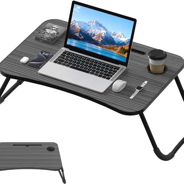 LZQ Opvouwbare laptoptabel voor bed & bank 60 x 40 x 28 cm Notebooktafel Bedtafel met bekerhouder, tafelsleuf en bekersleuf Lichte notebooktafel van MDF voor bank, vloer (zwart)