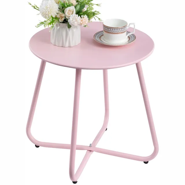 Famanu Ronde bijzettafel voor buiten, kleine balkontafel en koffietafel van metaal, geschikt voor patio, woonkamer en terras, kleur roze