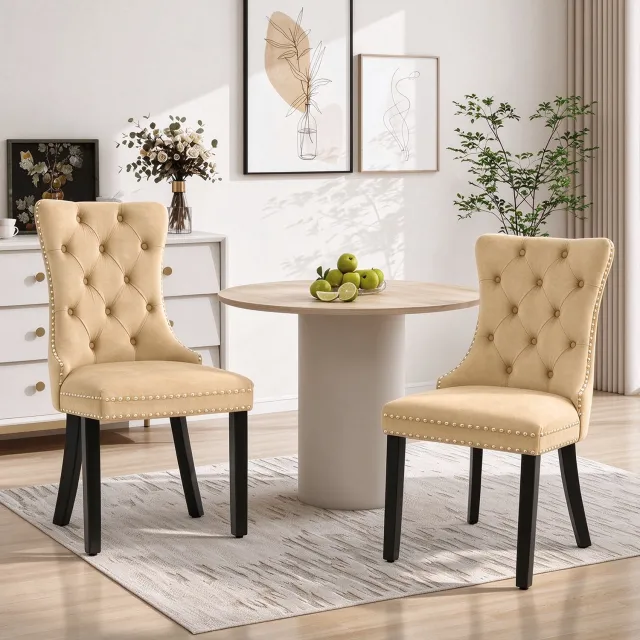 Puluomis Eetkamerstoelen - Set Van 2 - Fluweelstof - Massief houten poten - Khaki