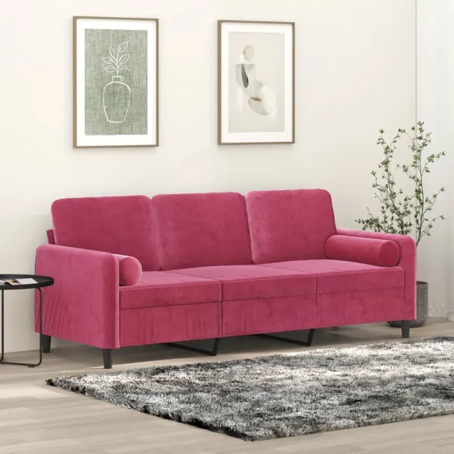 vidaXL Driezitsbank met sierkussens 180 cm stof wijnrood