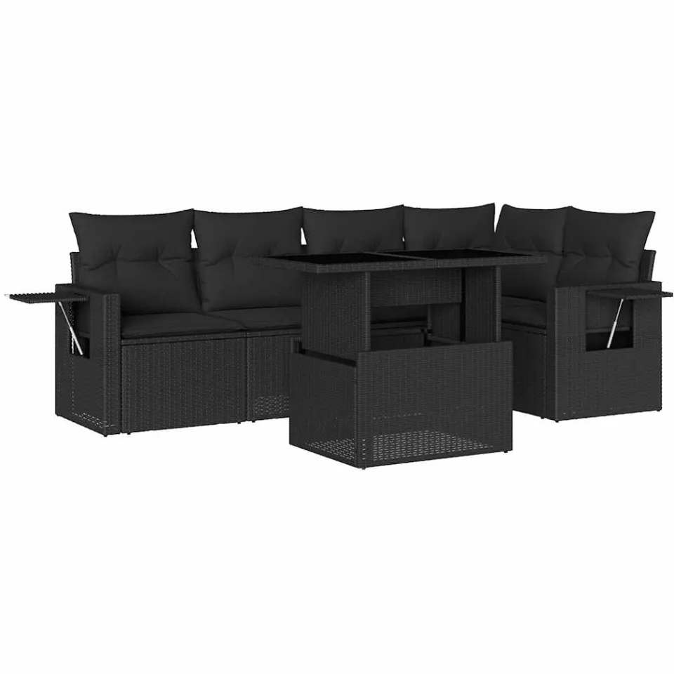 vidaXL 6-delige Loungeset met kussens poly rattan zwart, foto 3