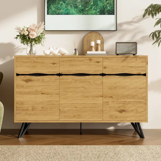 REDOM Sideboard - 3-Deurs - Houtlook - Modern - Voor Woonkamer - Spaanplaat - Zwart En Houtkleur - 140 X 40 X 75,5 Cm