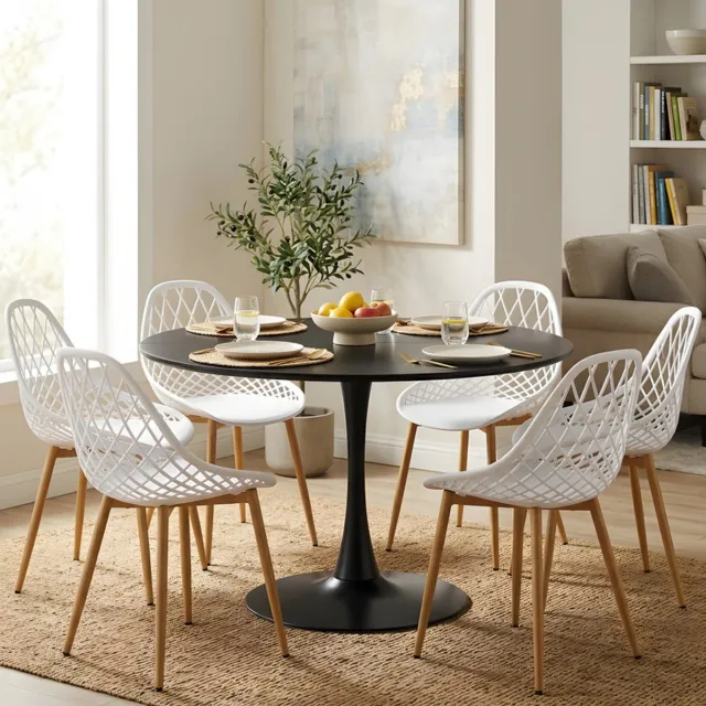 EGGREE eethoek - eettafel met 6 witte stoelen - tafel Ø 100 cm - voor bar - café en eetkamer - zwarte tafel Zwart-M6WH